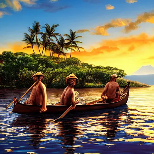 Image similar to maui and his brothers in a traditional maori waka canoe, fishing up an island, highly detailed, photorealistic, pulitzer prize winning, golden hour, sunset