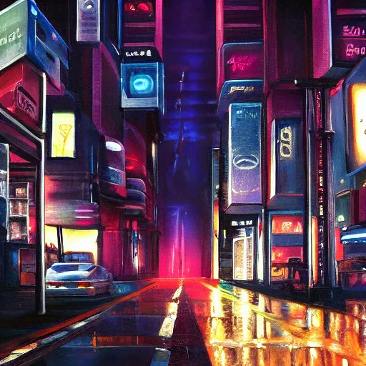 Prompt: car light far away on the cyberpunk street, future, old oil painting