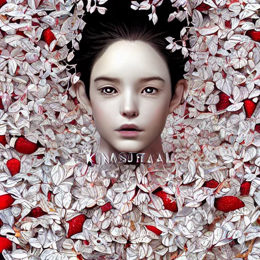 Image similar to the portrait of an absurdly beautiful, graceful, elegant, sophisticated, fashionable young woman made of strawberries and white petals with tears, an ultrafine hyperdetailed illustration by kim jung gi, irakli nadar, intricate linework, bright colors, octopath traveler, final fantasy, unreal engine 5 highly rendered, global illumination, radiant light, detailed and intricate environment