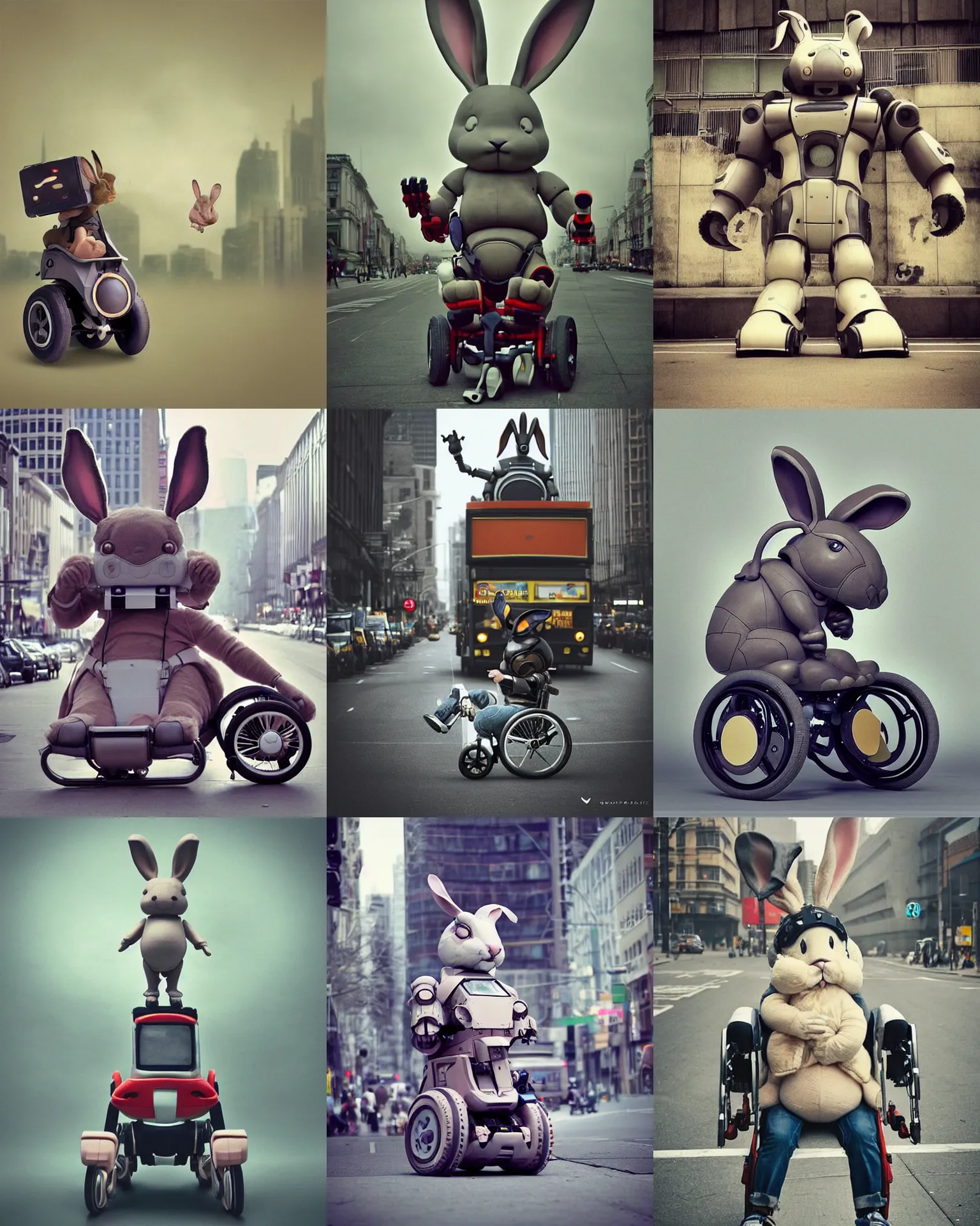 Prompt: epic pose!!! giant oversized battle rabbit robot chubby mech baby sport wheelchair! double decker with giant oversized ears and rabbit babies in sitting pose ,in busy city , full body , Cinematic focus, Polaroid photo, vintage , neutral dull colors, soft lights, foggy mist , by oleg oprisco , by national archives, by discovery channel, by victor enrich , by gregory crewdson