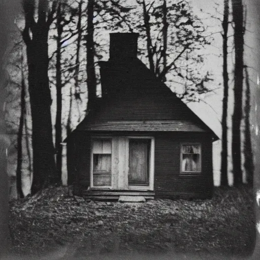 Prompt: sinister black and white old photography of a small house in the woods. a cat standing still outside. daguerreotype photo
