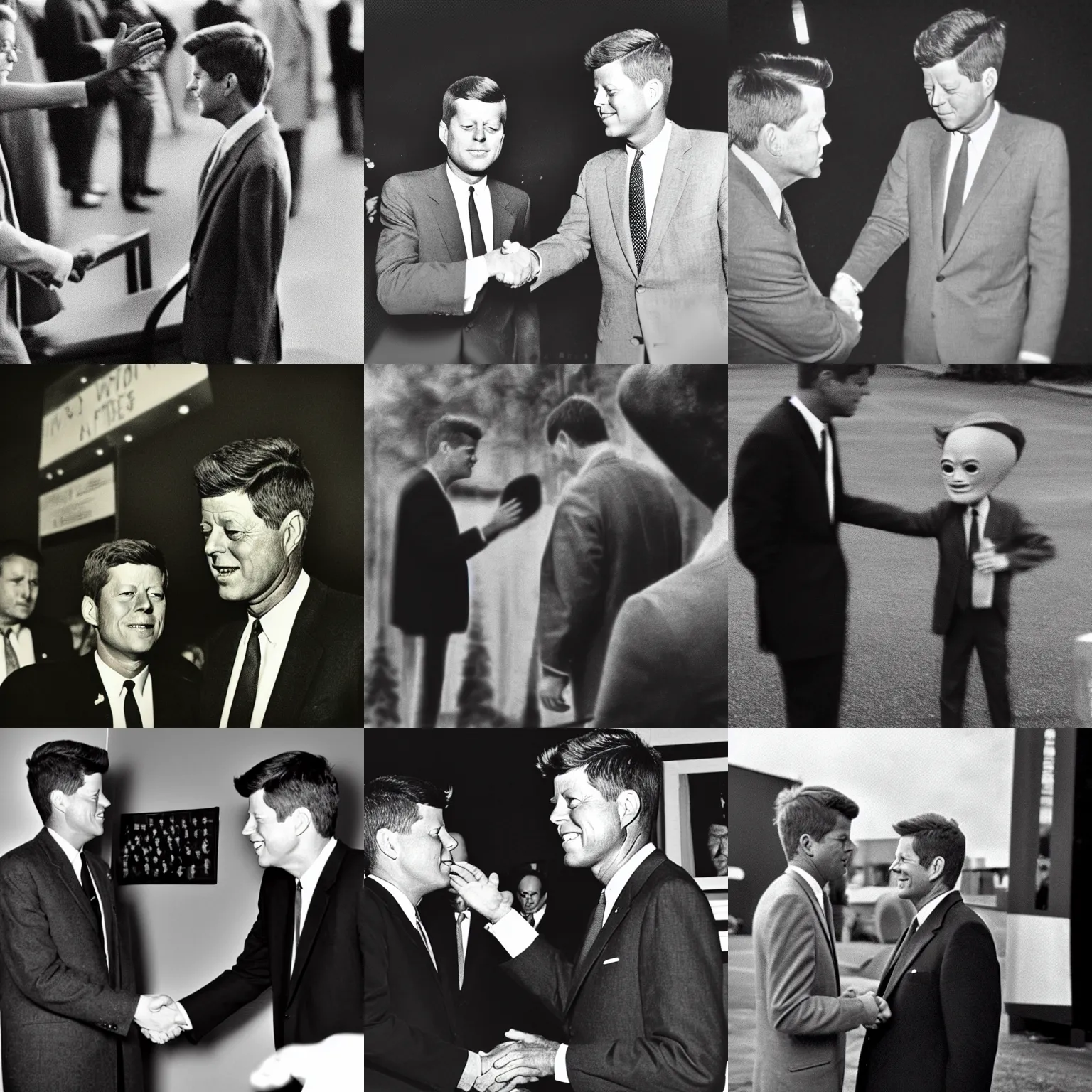 Prompt: John F. Kennedy and a grey alien doing a handshake, still from The X-Files, monochrome, instagram, trending, photograph, film grain and noise