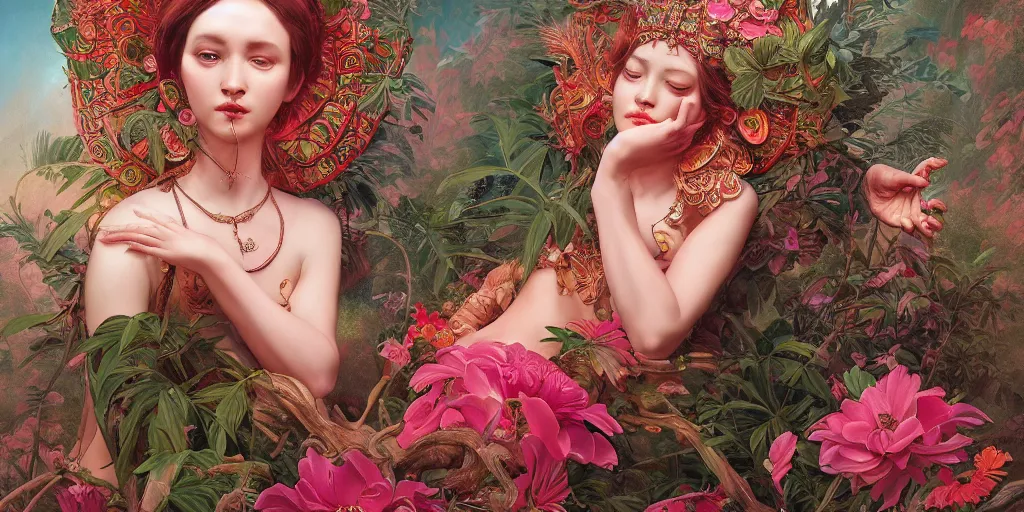 Image similar to breathtaking detailed concept art painting of the goddess of flamingo, orthodox saint, with anxious, piercing eyes, ornate background, amalgamation of leaves and flowers rafflesia arnoldii, by Hsiao-Ron Cheng and John James Audubon, extremely moody lighting, 8K