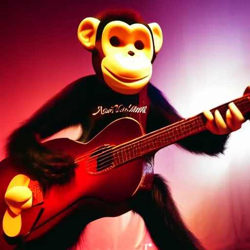 Prompt: photo of monkey playing guitar on stage concert dramatic lighting