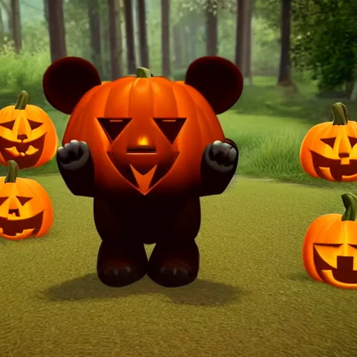 Prompt: a cute smiling bear made of pumpkins walking through the woods, unreal engine