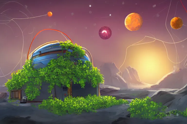 Image similar to computer game concept art of a small planet in the future, a Tinker's shack on a barren planet, wild berry vines, a berry farm, space junk, volcanoes