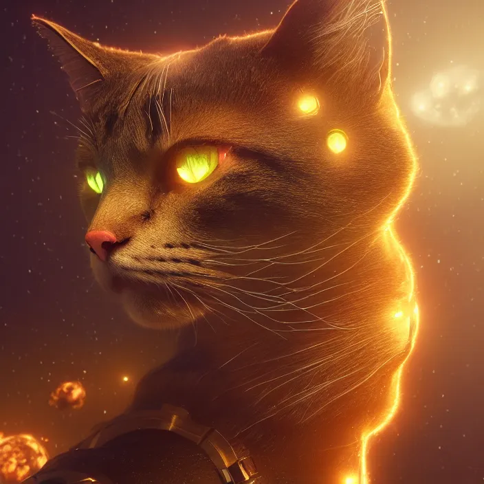 Prompt: very detailed portrait of a majestic fiery cat, dressed in a spacesuit, sci - fi, futuristic, details, intricate, octane render, redshift, smooth, illustration, fairy lighting, stars and planets in the background, hyperrealistic, by dmitry prozorov, loish, and wlop, trending on artstation, hyperdetailed, hyperrealism