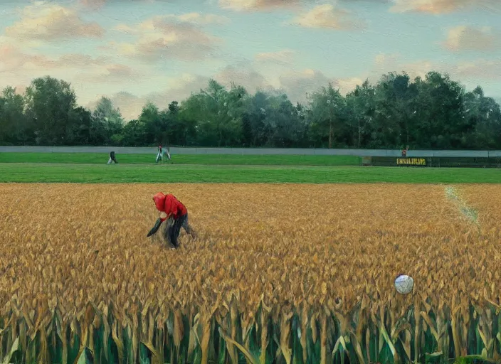 Prompt: a baseball game in a field of corn, oil painting by jama jurabaev, extremely detailed, brush hard, artstation, for aaa game, high quality, brush stroke