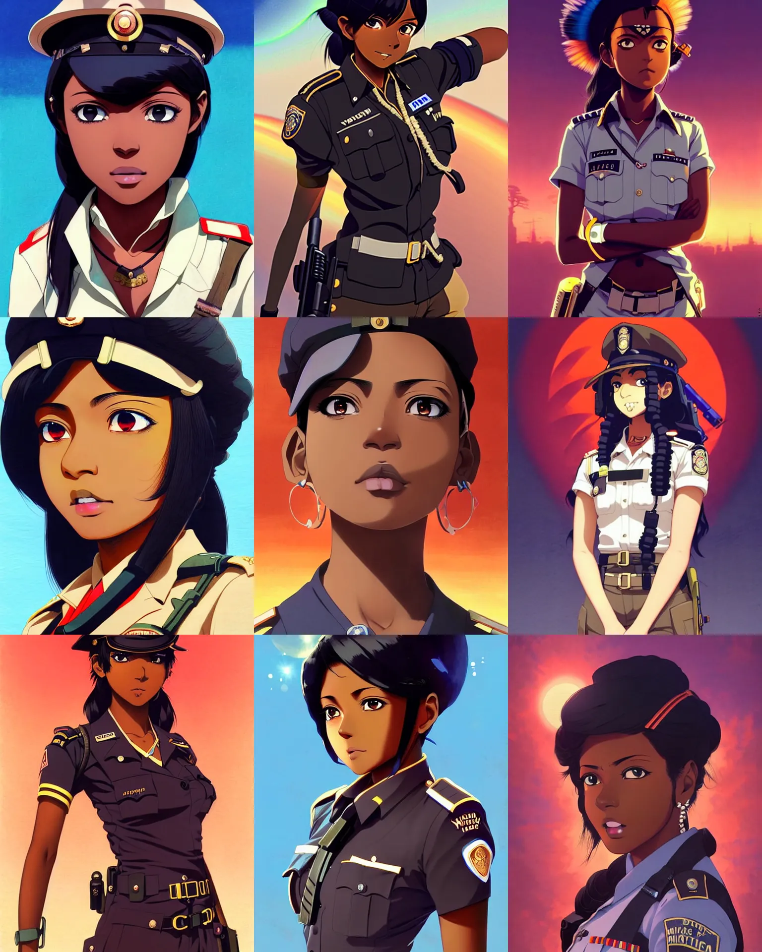 Prompt: A beautiful young dark-skinned anime Indian dieselpunk policewoman || VERY VERY ANIME!!!, fine-face, pretty face, realistic shaded Perfect face, fine details. Anime. realistic shaded lighting poster by Ilya Kuvshinov katsuhiro otomo ghost-in-the-shell, magali villeneuve, artgerm, Jeremy Lipkin and Michael Garmash and Rob Rey