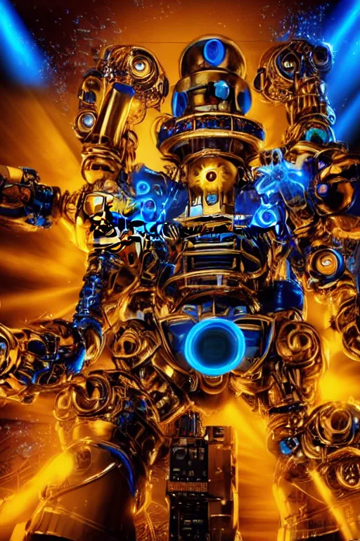 Image similar to portrait photo of a giant huge golden and blue metal humanoid steampunk robot singer with headphones and big gears and tubes, robot is falling apart, eyes are glowing red lightbulbs, shiny crisp finish, 3 d render, 8 k, insaneley detailed, fluorescent colors, background is multicolored lasershow