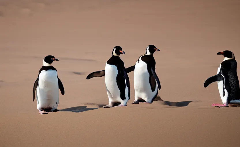 Image similar to confused penguins in sand dunes, photography