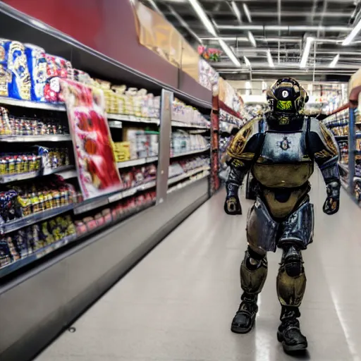 Prompt: a man wearing futuristic space marine armor walks into a grocery store, photography, movie still, dslr 5 5 mm, 4 k