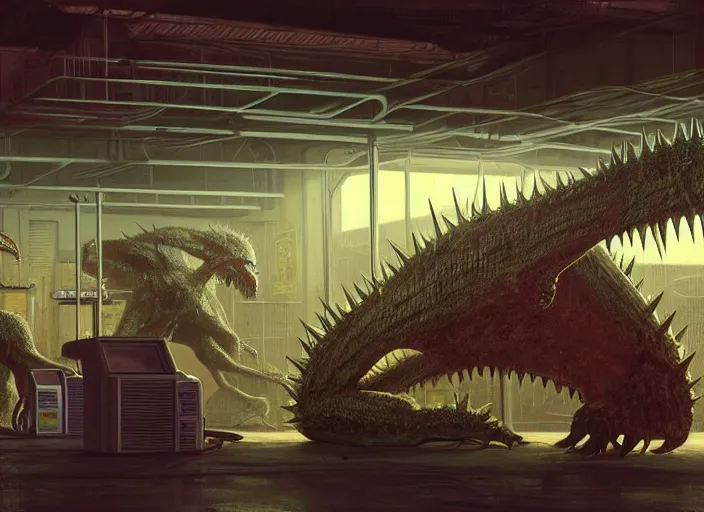 Image similar to scene inside a gas station with harsh fluorescent industrial lighting, giant monstrous aggressive spiked creature screaming at the camera, spikes like needles, needles, thin spikes, epic science fiction horror digital matte painting by Moebius and Mark Brooks (and Greg Rutkowski), extremely detailed, artstation