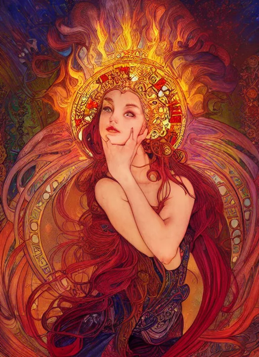 Image similar to Fire Goddess, ambient lighting, 4k, josephine wall, alphonse mucha, lois van baarle, ilya kuvshinov, rossdraws, artstation