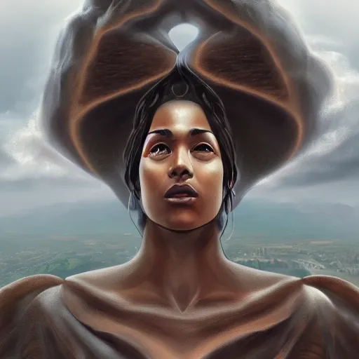 Image similar to a colossal goddess is watching us from above, creative, brown skin, giant, digital art, highly detailed, photo manipulation, dark clouds, covered in clouds, covered by clouds, dark gray hair, digital painting, artstation