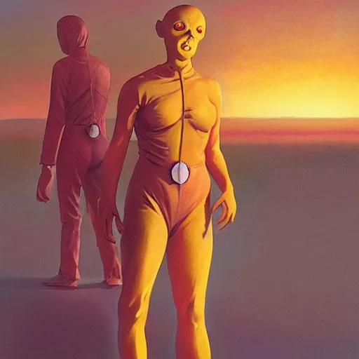 Prompt: unsettling rubbery mutant with thin lips and suspicious expression, wearing science fiction ss uniform by science fiction docks at sunset, by boris vallejo, deak ferrand, and greg rutkowski