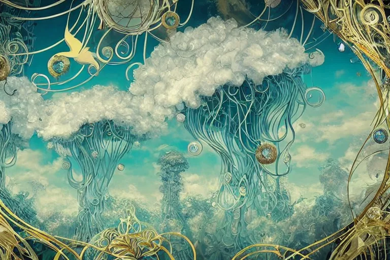 Image similar to simplicity, a huge flock of many ornate mottled puffy filigreed clouds tangled into large whirling ultra detailed crystal specimens, art nouveau jungle environment, playful, award winning art, epic dreamlike fantasy landscape, ultra realistic,