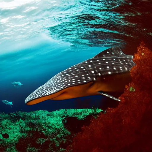 Image similar to a bioluminescent whale shark deep under the sea, award winning nature photography