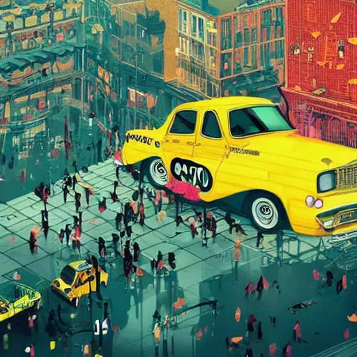 Image similar to crazy taxi real life by victo ngai and michaelangelo