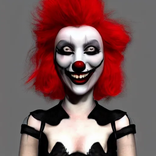 Image similar to A high quality photograph of a smiling goth-clown hybrid with red hair, trending on artstation, cute