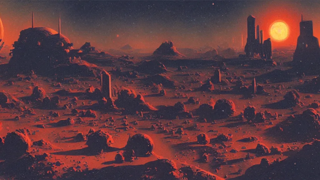 Prompt: mars colony by paul lehr and john schoenherr, cinematic matte painting