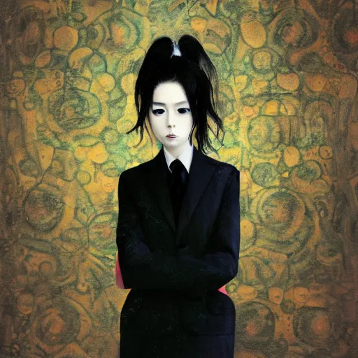 Image similar to yoshitaka amano blurred and dreamy realistic three quarter angle portrait of a young woman with black lipstick and black eyes wearing dress suit with tie, junji ito abstract patterns in the background, satoshi kon anime, noisy film grain effect, highly detailed, renaissance oil painting, weird portrait angle, blurred lost edges