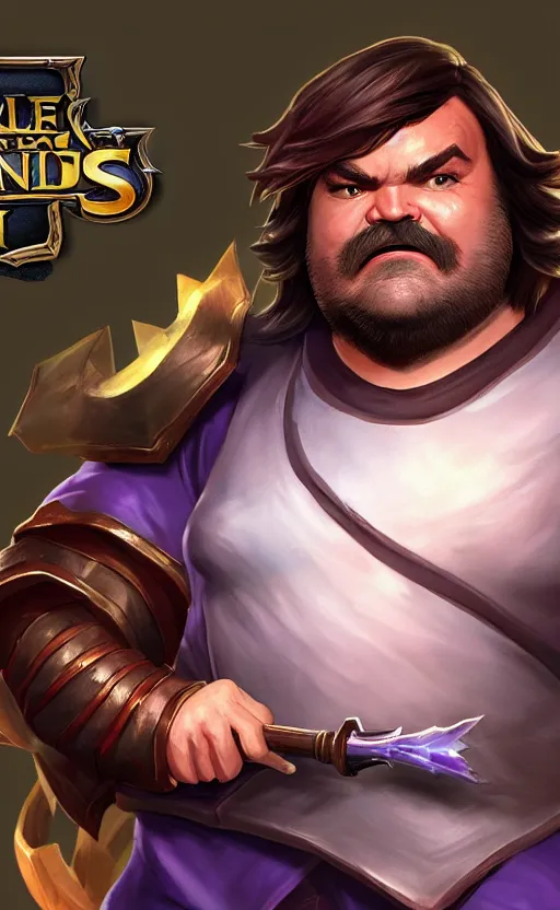 Image similar to Jack Black as a character in the game League of Legends, with a background based on the game League of Legends, detailed face, old 3d graphics