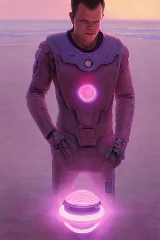 Prompt: matt damon robotic clothes in the beach purple sun, pink lighting ultra realistic photorealistic highly detailed high quality, a stunningly, digital painting, artstation, concept art, smooth, sharp focus, illustration, art by artgerm and greg rutkowski and alphonse mucha 8 k