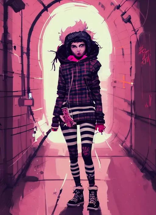 Image similar to highly detailed portrait of a sewer punk lady, tartan hoody, blonde ringlet hair by atey ghailan, by greg rutkowski, by greg tocchini, by james gilleard, by joe fenton, by kaethe butcher, gradient magenta, black, blonde cream and white color scheme, grunge aesthetic!!! ( ( graffiti tag wall background ) )