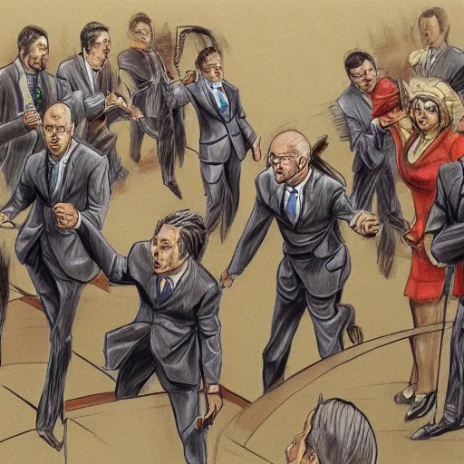 Image similar to highly detailed realistic sketch of UN members in suits yelling at a cyborg samurai, fear and anger in their eyes, colored , award winning , masterpiece on a scroll , post-processing