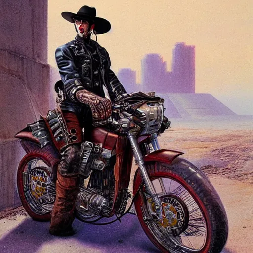 Image similar to a cyberpunk cowboy fully decked out in his cowboy hat, holsters, boots and spurs, sitting on a high tech motorbike in a scenic environment by wayne barlowe