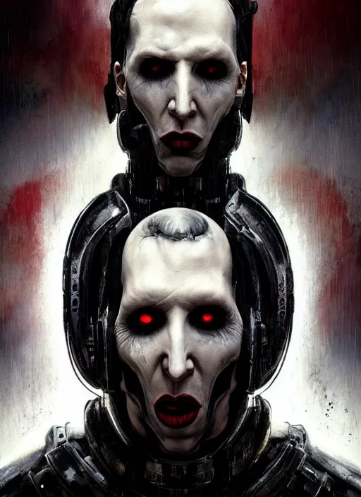 Image similar to marilyn manson as victor stone, full body concept, cyborg, borg, strogg, face of a man, terminator, flesh, quake strogg, doom demon, wolfenstein, monstrous, powerful, symmetry, symmetrical, concept art by ruan jia and greg rutkowski