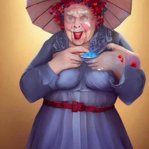 Image similar to of a very funny 3 d cinematic scene. a sweet fat old woman is in love with her self. flowery dress. symmetrical face, red mouth, blue eyes. a flowery dress. deep focus, lovely scene. artstation. unreal engine. pencil and ink. goya painting style.