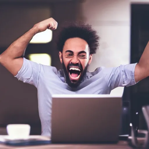 Prompt: excited man celebrating at his computer