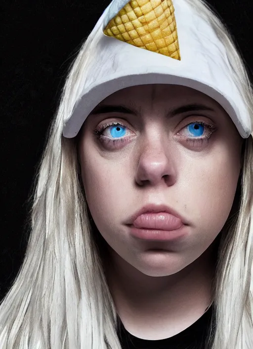 Image similar to a hyper realistic render of billie eilish wearing a melting ice cream cone as a hat, au naturel