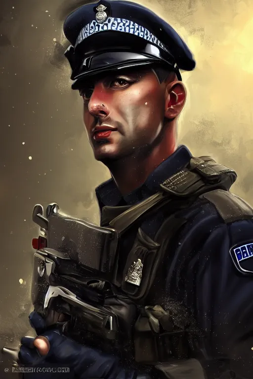 Image similar to london police officer heroically posing, highly detailed, digital art, sharp focus, trending on art station