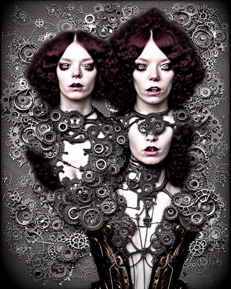 Image similar to highly detailed photo full body portrait of complex bio-mechanical beautiful young female demonic cyborg with a Mandelbrot fractal steampunk metal fine lace face, retrofuturistic depressing hopeless horrific vibe, radiating dark energy aura, curled silver hair and a fine metal floral foliage super big lace collar by Alexander McQueen:: high fashion, haute couture, rococo, steampunk, silver filigree details, anatomical, facial muscles, cable wires, microchip, elegant, hyper realistic, 150 mm lens, soft rim light, octane render, unreal engine, volumetric lighting, 8k, muted reflective metallic coloring, sharp focus