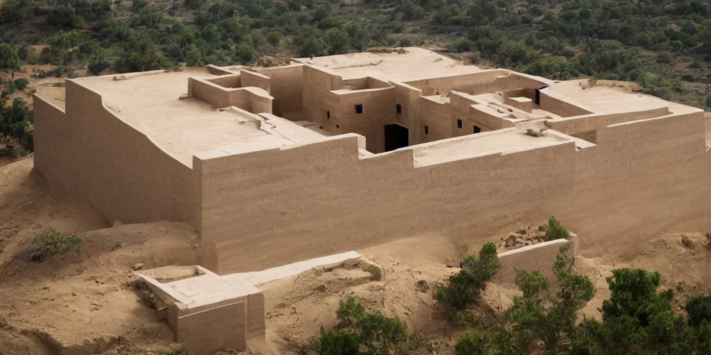 Image similar to rammed earth, ancient egyptian fortress atop a jungle hill