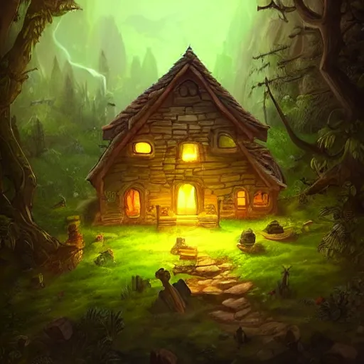 Image similar to a house, a man sitting before the house in the forest, night lighting, in hearthstone art style, epic fantasy style art, fantasy epic digital art, epic fantasy card game art