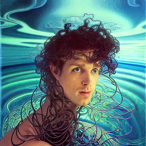 Prompt: realistic extremely detailed portrait painting of an average man with exposed clear plastic brain case and long curly hair, retro futuristic ,floating in black water , by beeple,Jean Delville, Amano, Yves Tanguy, Alphonse Mucha, Ernst Haeckel, Edward Robert Hughes, Roger Dean, artgerm and greg rutkowski and alphonse mucha, rich moody colors, blue eyes,octane render,4k,f32,