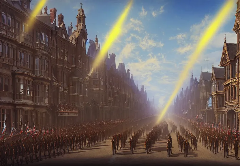 Image similar to a victorian army parade down a town street, blue sky, sunny, detailed, volumetric, cinematic lighting, realistic, digital art by greg rukowski
