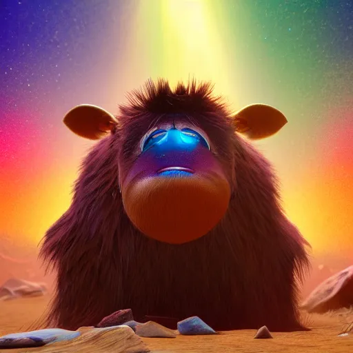 Image similar to yak, expressive eyes, floating, rbc, radiolaria, protophyta, micro - organisms, center frame, symmetric, rim light, marine microbiology, bioluminescence, electric, fur, soft, concept art, intricate details, highly detailed, colorful, photorealistic, disney pixar, octane render, iridescent, anime