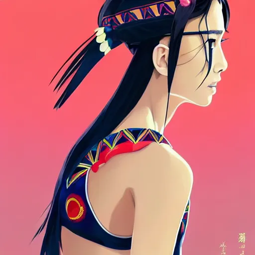 Image similar to a beautiful young japanese natalie portman alluring gravure model, stylized concept art, wearing elegant designer bomber jacket and one piece bikini, bomber jacket with mesoamerican patterns, mesoamerican native street fashion, princess mononoke, painted by ilya kuvshinov aesthetic, gorgeous, stunning, alluring, attractive, artstation, pinterest, digital art