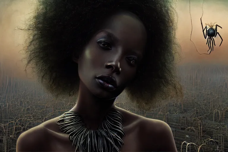 Prompt: realistic detailed photorealistic portrait movie shot of a beautiful black woman with a giant spider, dystopian city landscape background by denis villeneuve, amano, yves tanguy, alphonse mucha, ernst haeckel, david lynch, edward robert hughes, roger dean, cyber necklace, rich moody colours, cyber patterns, wide angle