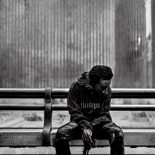 Image similar to black and white fashion photograph, highly detailed portrait of a depressed drug dealer sitting on the bench on a busy street, looking into camera, natural light, rain, mist, lomo, fashion photography, film grain, soft vignette, sigma 85mm f/1.4 1/10 sec shutter