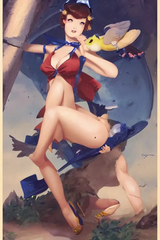 Image similar to anime pinup girl, shes holding an indigo bunting, bird, the bird is wearing a bowtie, by greg rutkowski, rossdraws, gil elvgren, enoch bolles, anime, porcelain skin, very coherent