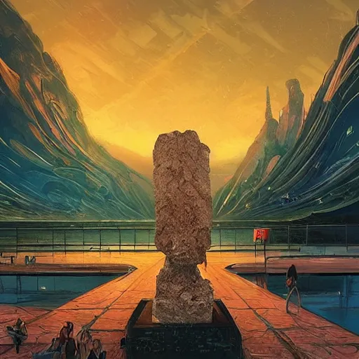 Image similar to Alena Aenami, scifi landscape, hyperrealistic surrealism, award winning masterpiece with incredible details, epic stunning, infinity pool, a surreal vaporwave liminal space, highly detailed, trending on ArtStation, artgerm and greg rutkowski and alphonse mucha, daily deviation, IAMAG, broken giant marble head statue ruins, golden hour