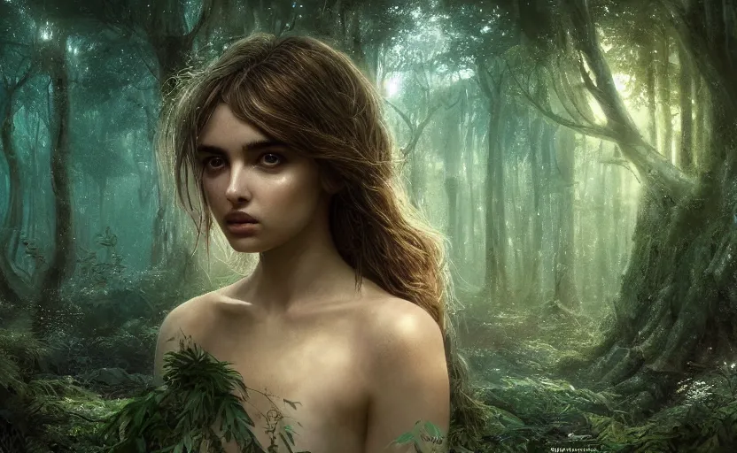 Prompt: a forest nymph in an ancient bioluminescent forest, ana de armas, flawless symmetrical pretty cute face, greg rutkowski, 8 k, shallow depth of field, intricate detail, concept art,