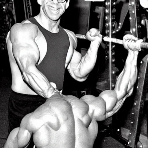 Image similar to Rick Moranis pumping iron in the gym next to Arnold vintage