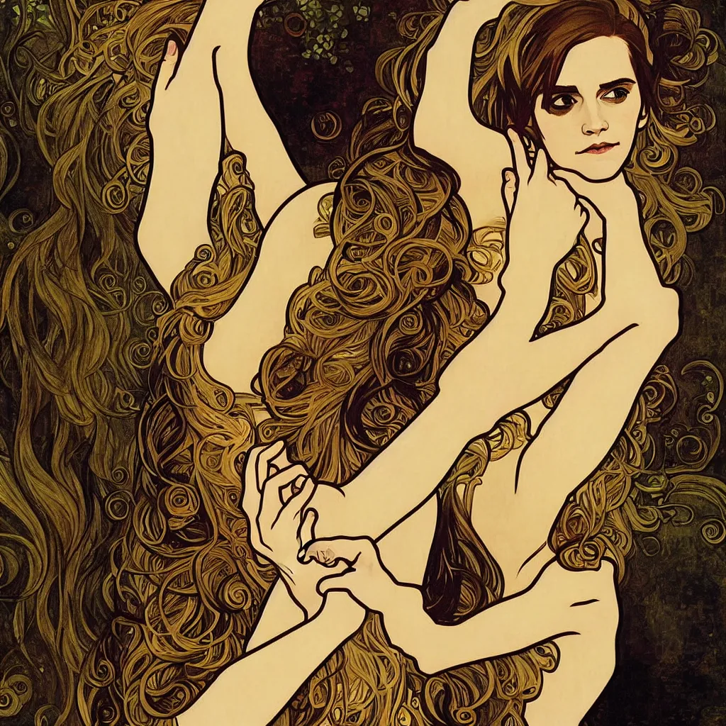 Prompt: Emma Watson from The Blinding Ring (2013) made with a combination of the art styles of Alphonse Mucha and Gustav Klimt. Masterpiece.